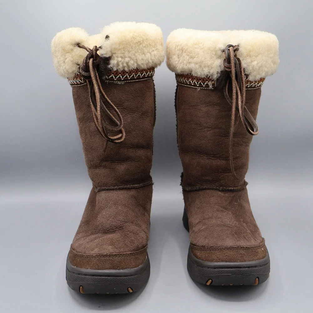 UGGUltimate Cuff Sheepskin Lined Boots Women 8 Brown‎ Lace Up Warm Boho Bohemian